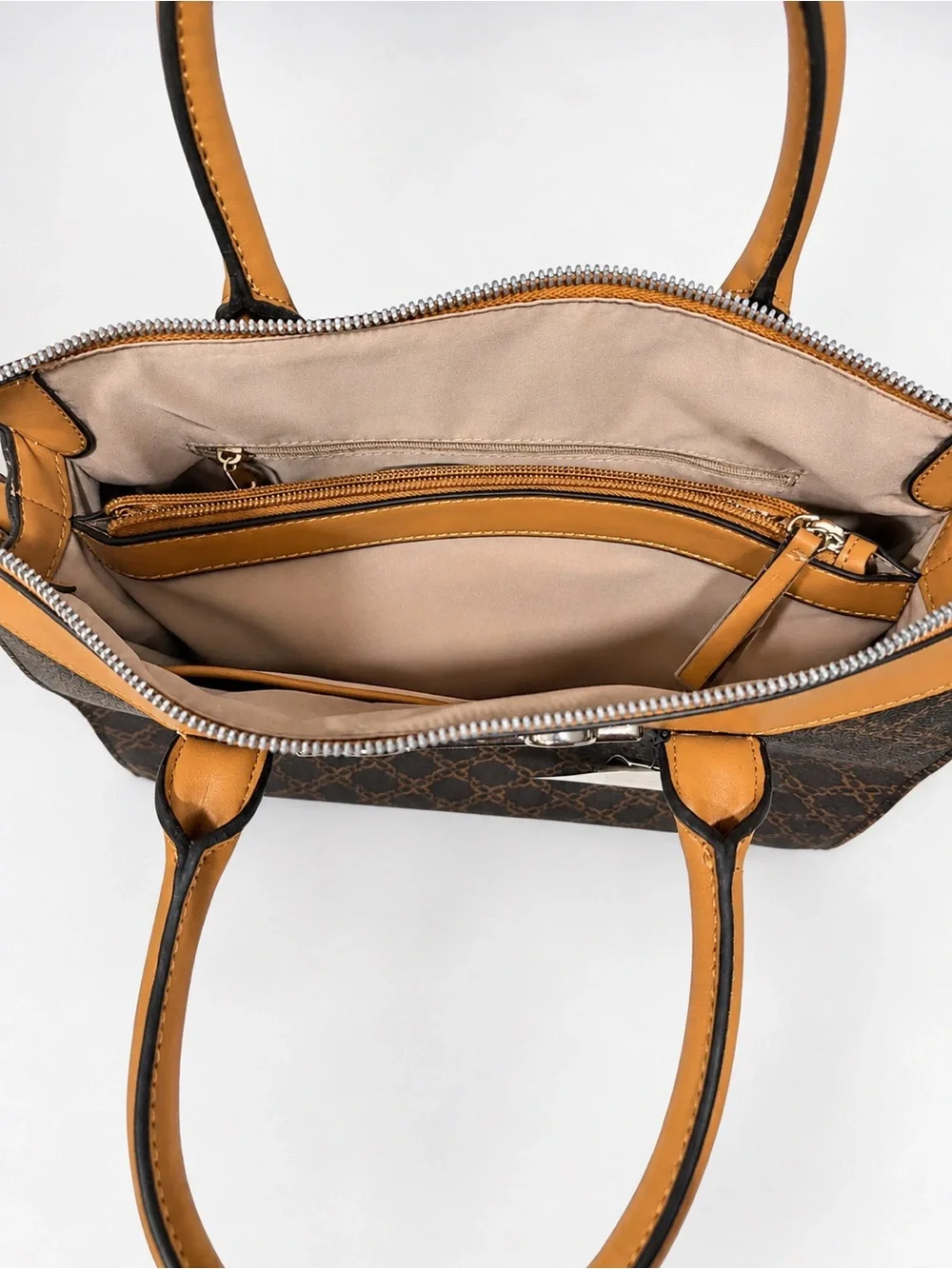 Nine West Brown Monogram Satchel with Tan Trim and Silver Hardware